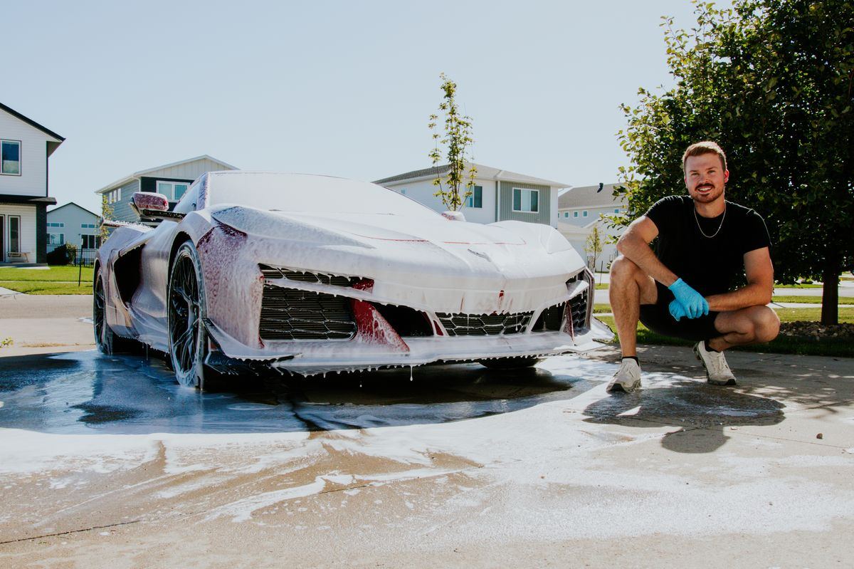 Ryan Voge of Voge Detailing performing a mobile exterior detail on a Corvette in Fargo-Moorhead